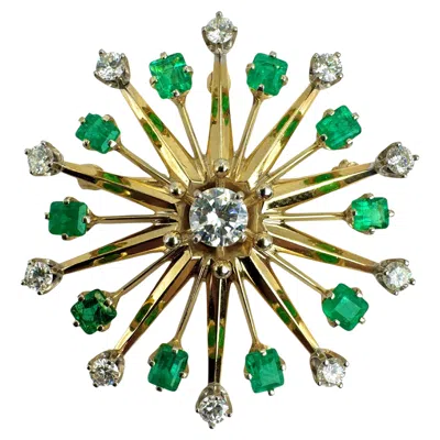 Pre-owned 1stdibs 14k Yellow Gold Emerald And Diamond Starburst Brooch Pendant