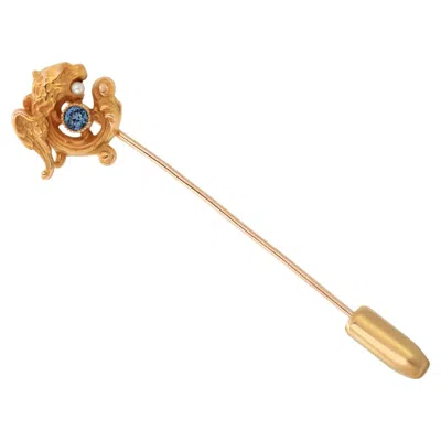 Pre-owned 1stdibs 14k Yellow Gold Intricately Coiled Fish Brooch With Sapphire In His Mouth