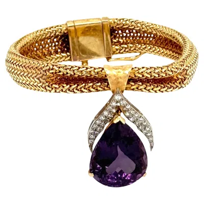 Pre-owned 1stdibs 14k Yellow Gold Mesh Bracelet With Pear-shaped Amethyst And Diamond Accents
