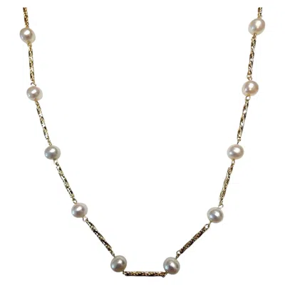 Pre-owned 1stdibs 14k Yellow Gold Pearl And Cable Bar Station Necklace #25453