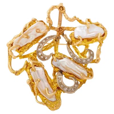 Pre-owned 1stdibs 14k Yellow Gold Pearl Diamond Freeform Brooch, 20th Century, 0.30ct