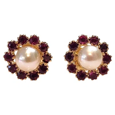 Pre-owned 1stdibs 14k Yellow Gold Red Stones And Pearl Flower Earrings #25305