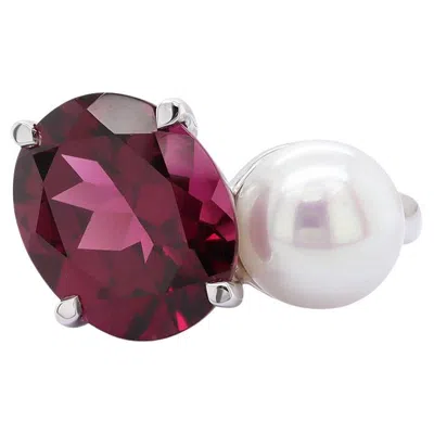 Pre-owned 1stdibs 14kt White Gold Rhodolite Garnet & Pearl Toi Et Moi Ring