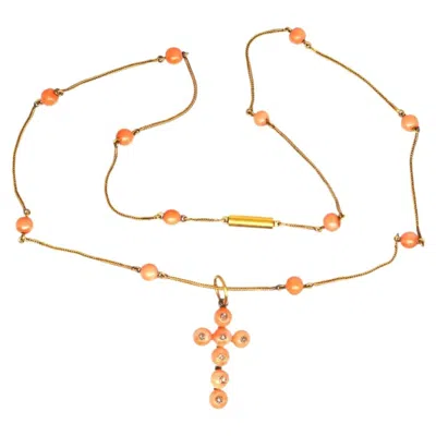Pre-owned 1stdibs 15ct Gold Coral Chain Necklace With Coral & Diamond Cross Pendant, Mid Victorian In Red