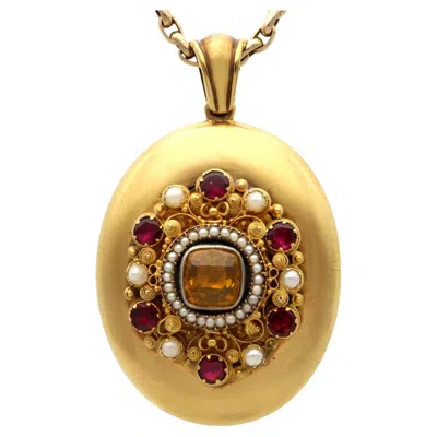 Pre-owned 1stdibs 1.64ct Citrine, 1.82ct Garnet, Pearl, Seed Pearl And 18k Yellow Gold Locket