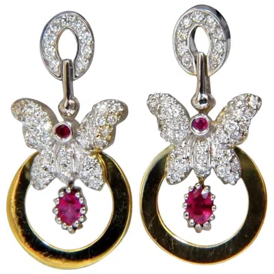 Pre-owned 1stdibs 1.70ct Natural Oval Bright Red Ruby Diamond Dangle Butterfly Earrings 14kt*