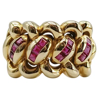 Pre-owned 1stdibs 18 Karat Yellow Gold Carré-cut Ruby Wide Band Ring