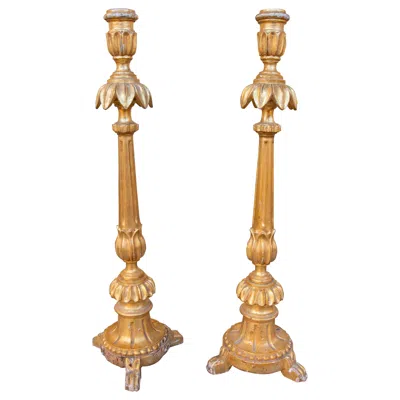 Pre-owned 1stdibs 1850s Pair Of Antique Italian Carved And Gilded Wood Candlesticks In Brown