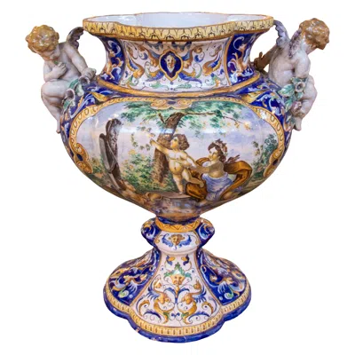 Pre-owned 1stdibs 1875s Large Italian Polychrome Mmajolica Vase With Cherubs, Signed Gi. Battoji In Brown