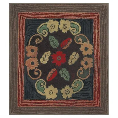 Pre-owned 1stdibs 1880s Small Traditional Brown Leaves Folk Art Antique American Wool Hooked Rug