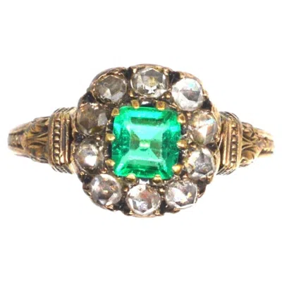 Pre-owned 1stdibs 18ct Gold Colombian Emerald & Rose Cut Diamond Cluster Ring, Mid 19th Century In Red