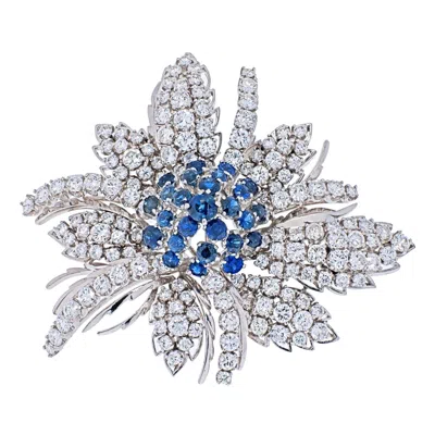 Pre-owned 1stdibs 18k White Gold Diamond & Sapphire Cluster Brooch