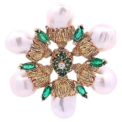 Pre-owned 1stdibs 18k Yellow Gold Pin Brooch With 0.1ct Round G Vs1 Diamonds 1.6ct Emerald & Pearl