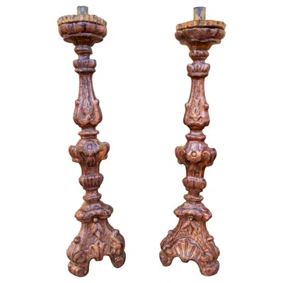 Pre-owned 1stdibs 18th Pair Of Spanish Baroque Carved Wood Candlesticks In Brown