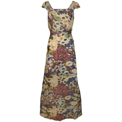 Pre-owned 1stdibs 1930s Floral Print Silk Lamé Women's Cocktail Dress Size 4/6 In Brown
