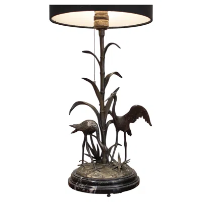 Pre-owned 1stdibs 1940s Table Lamp With Crane Bird Scene In Brass On A Black Marble Base By Agudo