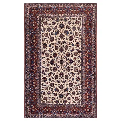 Pre-owned 1stdibs 1950s Beige Field & Red Rust Border Floral Vintage Isfahan Wool Silk Carpet Rug