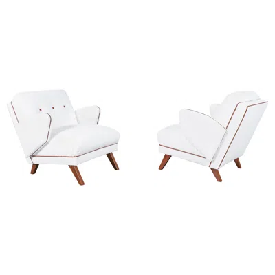 Pre-owned 1stdibs 1950s Mid-century Modern Lounge Chairs In Boucle & Leather In Brown