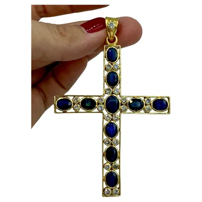 Pre-owned 1stdibs 1960s 18k Gold Cross With 15c Oval Faceted Sapphires And Diamonds In Multi