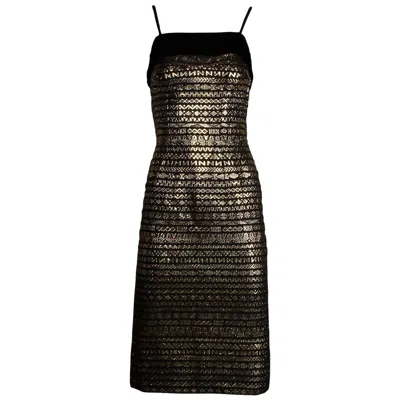 Pre-owned 1stdibs 1960s Sexy Vintage Metallic Gold + Black Sheath Cocktail Dress With Velvet Trim