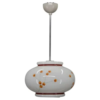 Pre-owned 1stdibs 1970s Hand-painted Milk Glass Pendant Light Mid-century Vintage In Transparent