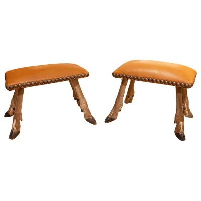 Pre-owned 1stdibs 1970s Pair Of Black Forest Style Stools With Roe Deer Legs And Leather Upholster