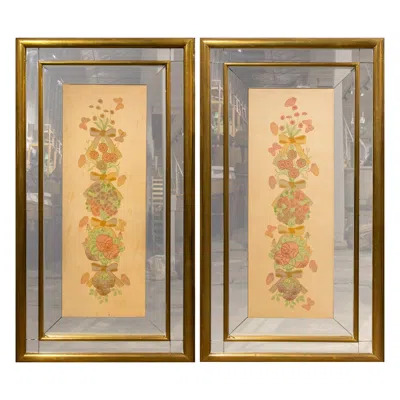 Pre-owned 1stdibs 1970s, Pair Of Hand-painted Flower Paintings On Silk With Brass Plated Frames In Brown