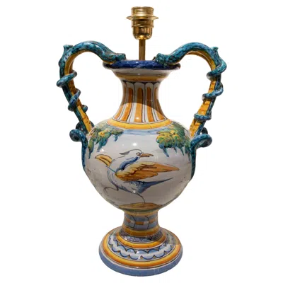 Pre-owned 1stdibs 1970s Talavera Ceramic Lamp With Birds And Serpentine Handles In Brown