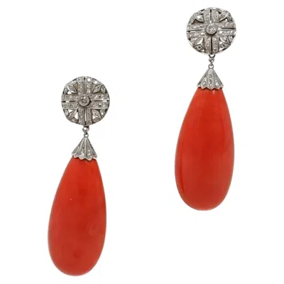 Pre-owned 1stdibs 1980s Italian Coral And Diamond Drop Earrings In White Gold