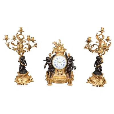 Pre-owned 1stdibs 19th C. French Louis Xv Style Ormolu & Bronze Clock Set By Balthazard Paris In Gold