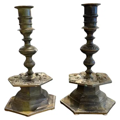 Pre-owned 1stdibs 19th Century Belgian Pair Of Heavy Bronze Candlesticks In Gold