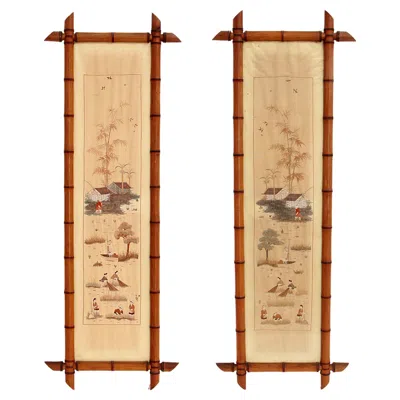 Pre-owned 1stdibs 19th Century Chinese Silk Tapestries In Bamboo Frames In Sand
