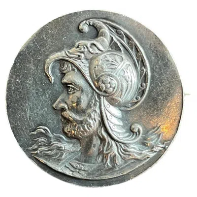 Pre-owned 1stdibs 19th Century French Art Nouveau Silver High Relief Greek Warrior Medallion Pin In Multi