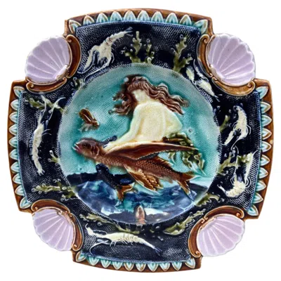 Pre-owned 1stdibs 19th Century Square Majolica Mermaid Wall Plate In Black