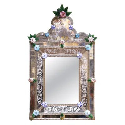 Pre-owned 1stdibs 19th Century Venetian Cushion Overlay Wall Mirror With Murano Glass Flowers In Gray