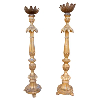 Pre-owned 1stdibs 19th Pair Of Antique Italian Carved And Gilded Wood Candlesticks In Brown