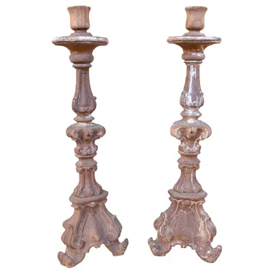 Pre-owned 1stdibs 19th Pair Of Spanish Carved Wood Baroque Candlesticks. In Brown