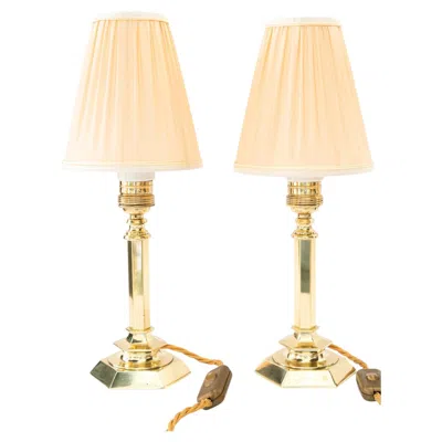 Pre-owned 1stdibs 2 Solid Small Art Deco Table Lamps With Fabric Shades Vienna Around 1920s In Orange