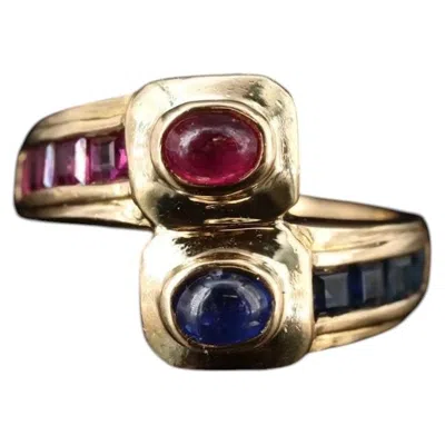 Pre-owned 1stdibs 20th Century 18k Gold Sapphire And Ruby Bypass Ring In Blue