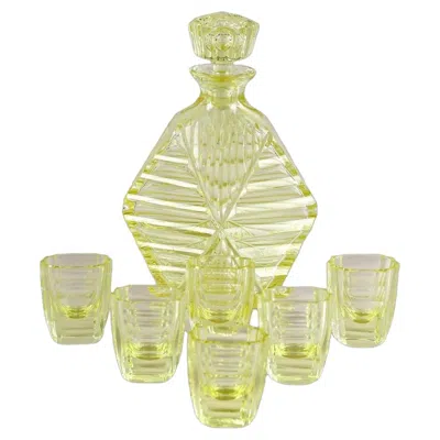 Pre-owned 1stdibs 20th Century Art Deco Glass Decanter Set With 6 Shot Glasses, Cz Ca. 1920 In Sand