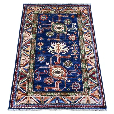 Pre-owned 1stdibs 2'10"x4' Navy Blue Afghan Super Kazak Hand Knotted Pure Wool Oriental Rug