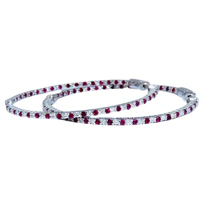 Pre-owned 1stdibs 2.40ct Natural Ruby Diamonds Hoop Earrings 14kt White Gold Inside Out*