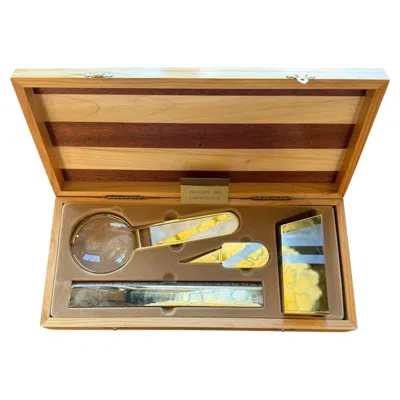 Pre-owned 1stdibs 24k Gold-plated Five-piece Desk Set In Wood Presentation Box, 1970s Italy