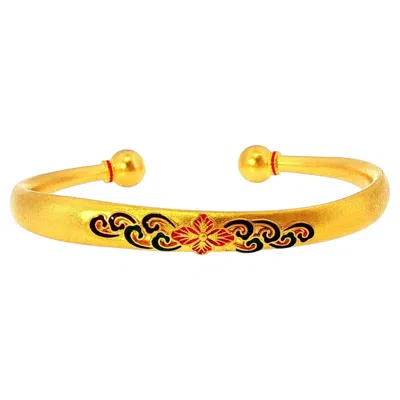 Pre-owned 1stdibs 24k Yellow Gold Open Cuff Bangle With Enamel Floral Motif
