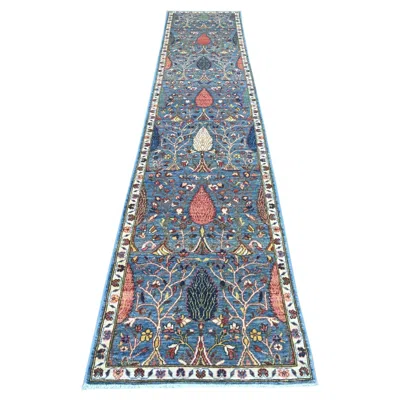 Pre-owned 1stdibs 2'7"x12'10" Blue Ethnic Tribal Cypress Tree Design Hand Knotted Wool Runner Rug
