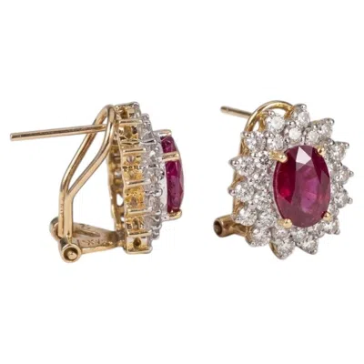 Pre-owned 1stdibs 3 Carat Oval Ruby And Diamond Double Halo Stud Earrings In 14k Yellow Gold