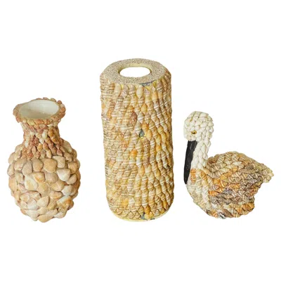 Pre-owned 1stdibs 3 Sea Shell Encrusted Vase, Candlestick And Pelican Figurine In Sand