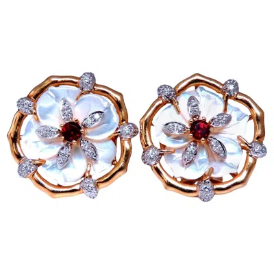 Pre-owned 1stdibs .30ct Natural Ruby Diamonds Mother Of Pearl Cluster Stud Earrings 14kt Gold* In Multi
