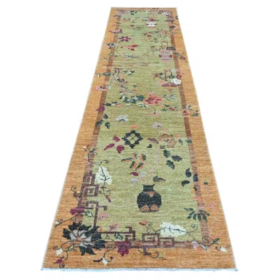 Pre-owned 1stdibs 3'1"x11'7" Green Chinese Art Deco Inspired Peshawar Hand Knotted Wool Runner Rug
