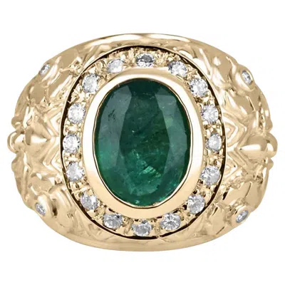 Pre-owned 1stdibs 3.23tcw 14k Oval Emerald & Diamond Halo Floral Bezel Set Statement Ring In Green